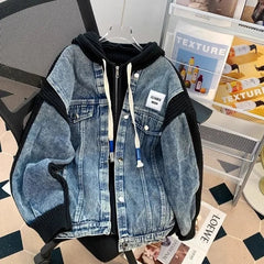 Loose Lazy Style Denim Patchwork Hoodie Outerwear Sweater Jacket Korean Version Casual Coat