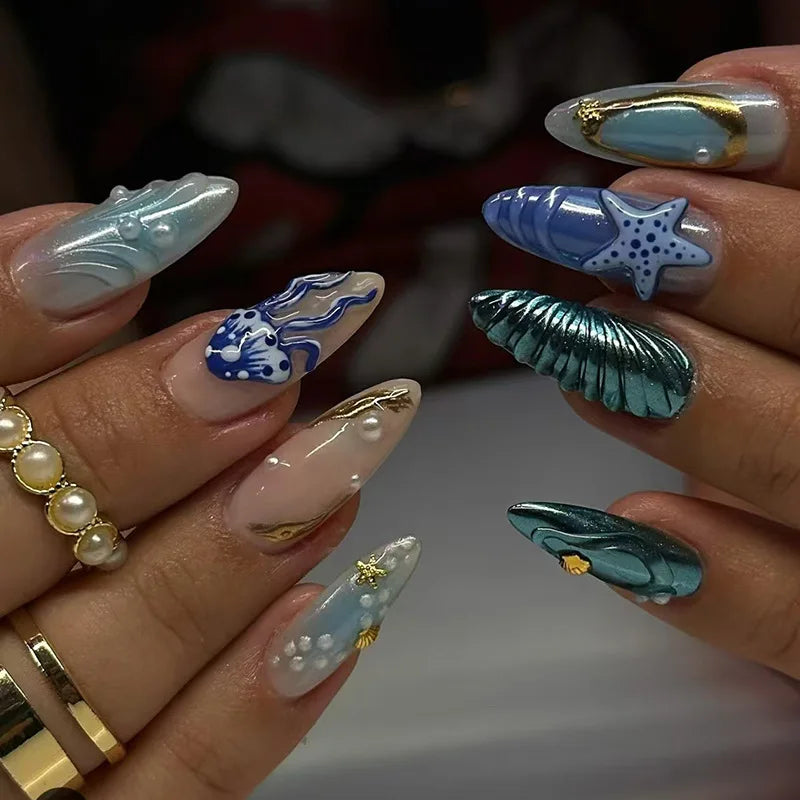 24pcs Short Almond False Nail Art Starlight Rhinestone Design Nails Tip Green Full Cover Nail Set Datachable Press on Fake Nails