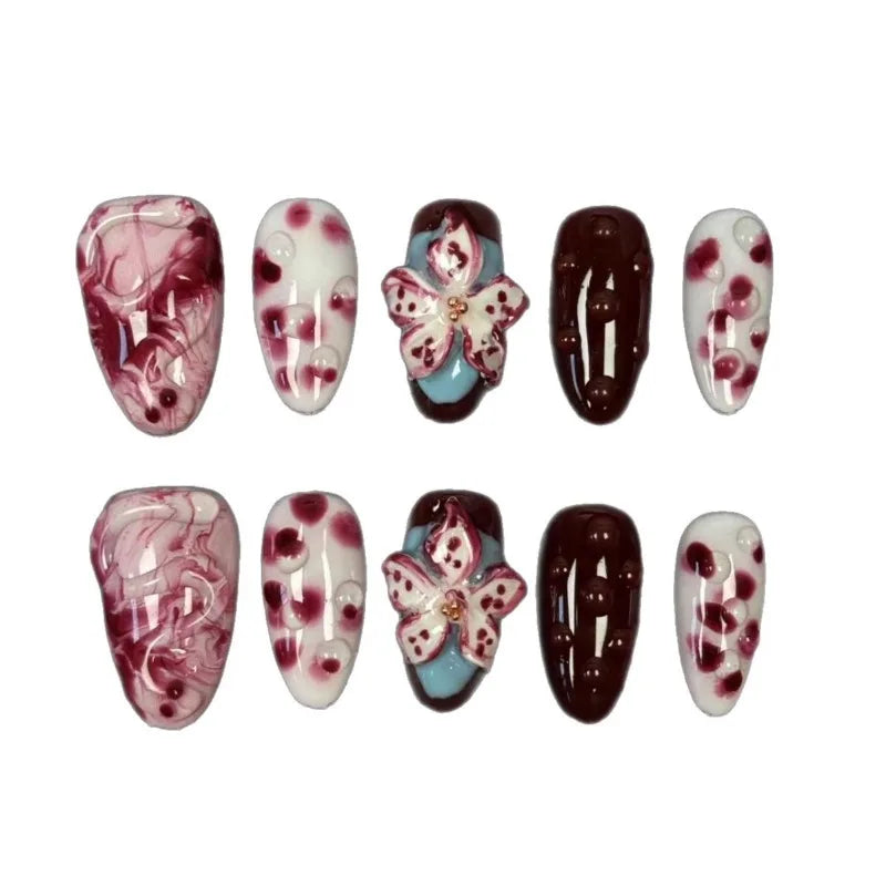 10Pcs Red Handmade Nails 3D Carved White Flower Fake Nails Mid-Length Almond Shape Press on Nails Spotting Design Manicure Arts