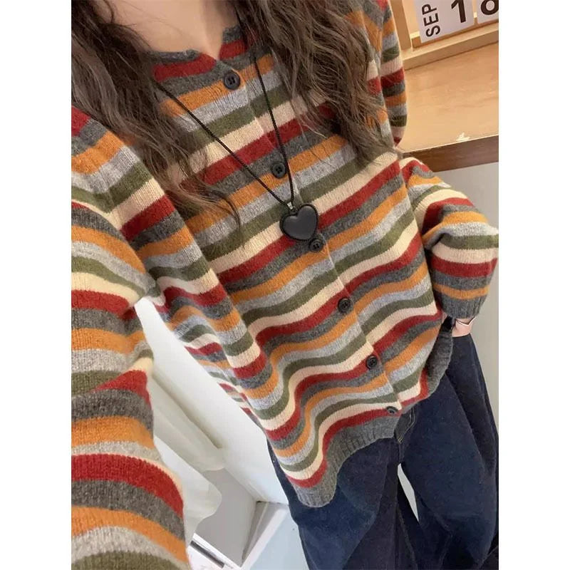 Round Neck Long Sleeve Color Striped Knitted Cardigan