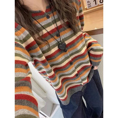 Round Neck Long Sleeve Color Striped Knitted Cardigan