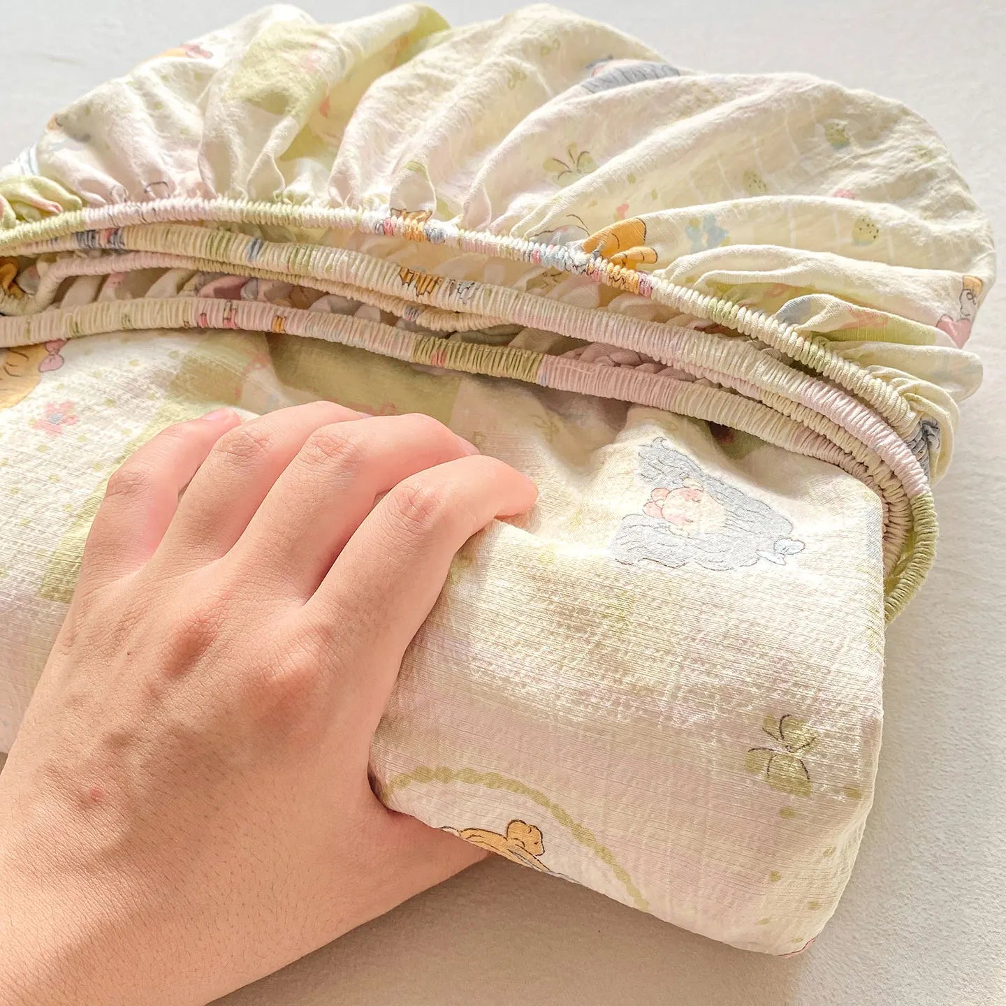 Washed Cotton Fitted Sheet with Elastic Bands Non Slip Adjustable Mattress Cover Printed Pure Cotton