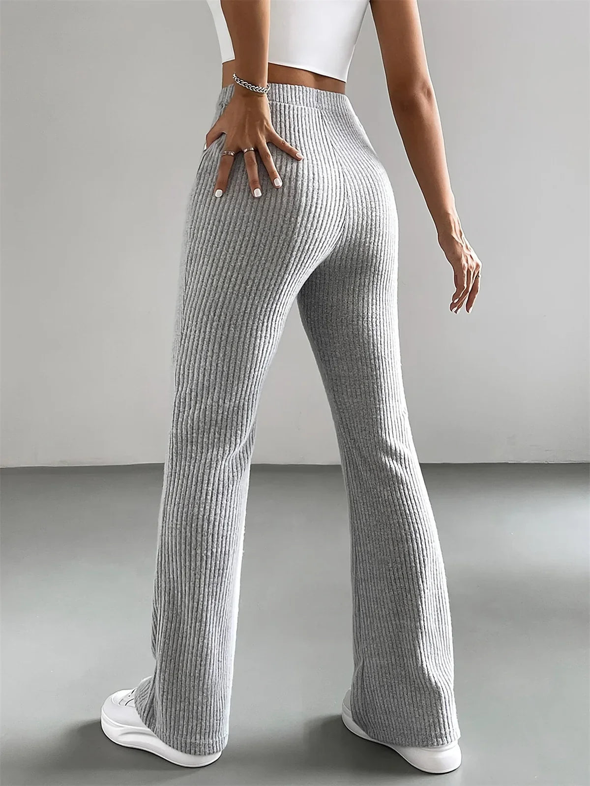 Ribbed Knitted Flare Pant Fashon Slim Solid High Waist Trousers Casual Street Vintage Chic Pants