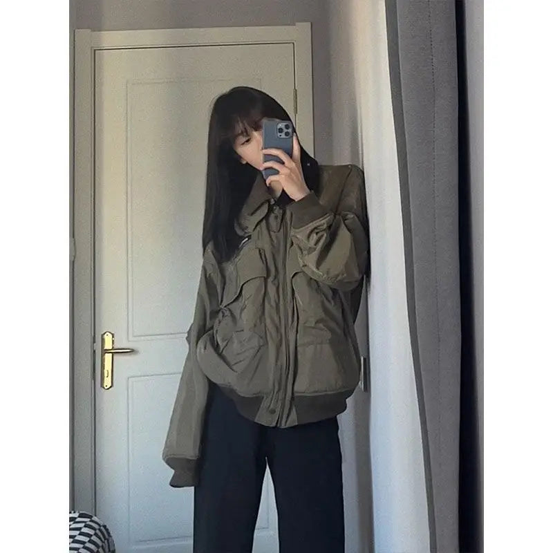 Retro American Short Coat Long Sleeve Casual Safari Style Japanese Y2k Bomber Jacket Pure Color Jacket Chic Tops
