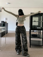 Low Rise Jeans Y2k Ladies American High Street Baggy Pants Camouflage Drawstring Mop Jeans