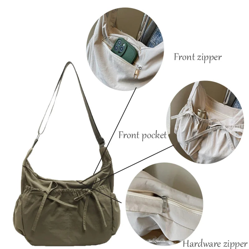 Large Capacity Shoulder Bags Lightweight Nylon Pleated Crossbody Bag Multiple Pockets Hobo Bag