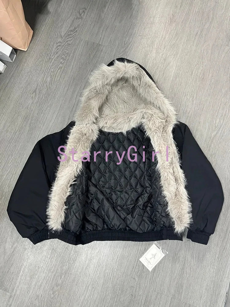 Elegant Liner Fur Loose Coat Y2k Fur Collar Hood Thick Parkas Casual Outerwear Cotton Padded Jackets