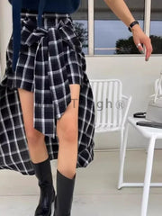 Korean Vintage Black Plaid Skirt Y2k High Waist Irregular Retro Skirt Chic Desing Sense All-match Clothes