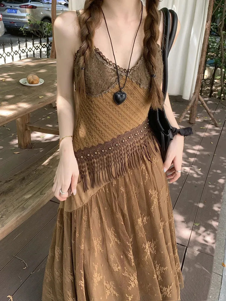 Korean style Ethnic Irgular Spaghettic Strap Fairy Boho Hippie Dress Tassel Mesh Stitching Spice Beach Slim Dress