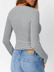 Fashionable Long Sleeve Slim Fit Henry Collar T-Shirt Ribbed Basic Style Top