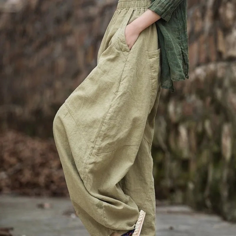 Elegant Cotton Linen Baggy Cargo y2k Pants Vintage Elastic Waist Trousers Loose Casual Long Wide Leg Oversize Clothes