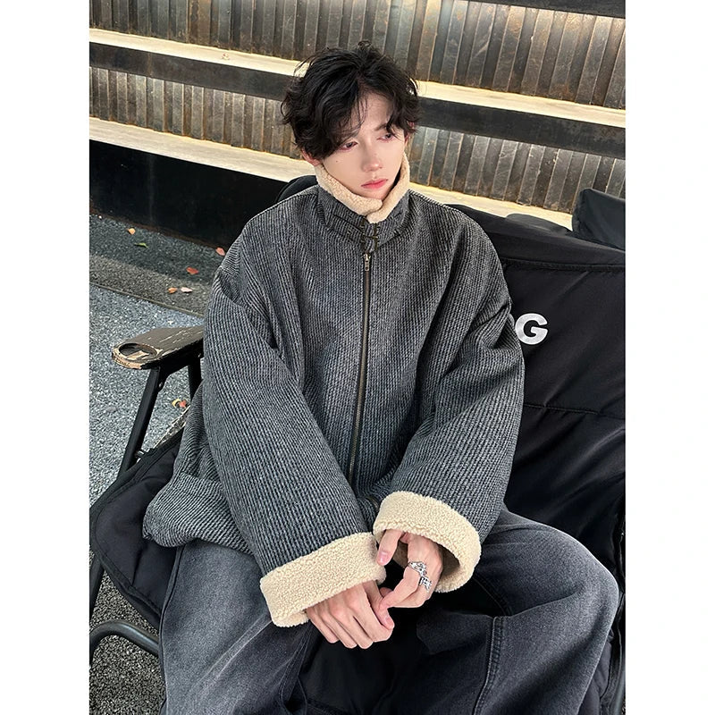 Berber Fleece Jacket Parka Coats Multi-pockets Stand Collar Casual Thick Warm Jacket Man Khaki/Dark Gray