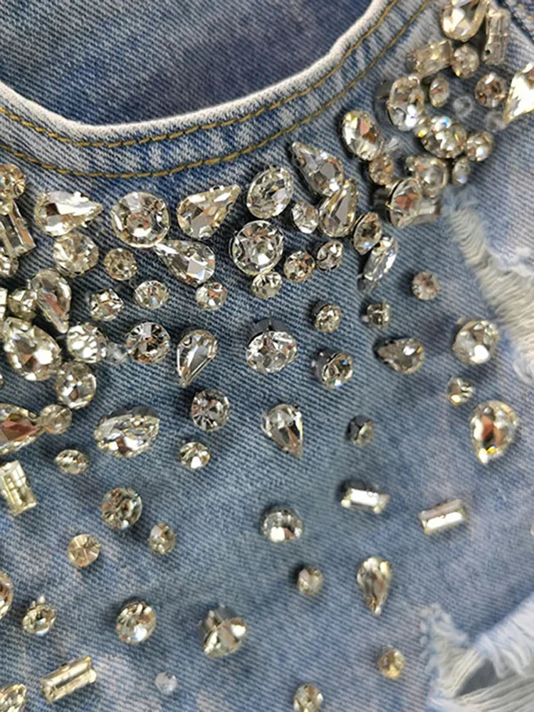 Y2K Distressed Diamond Tassel Blue Short Jeans Ripped Loose Wide Leg Denim Shorts Korean Casual Shorts