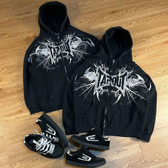 Y2K Tapout Zipper Hooded Sweater Retro Hip-hop Letter Printing Oversized Black Hooded Sweater