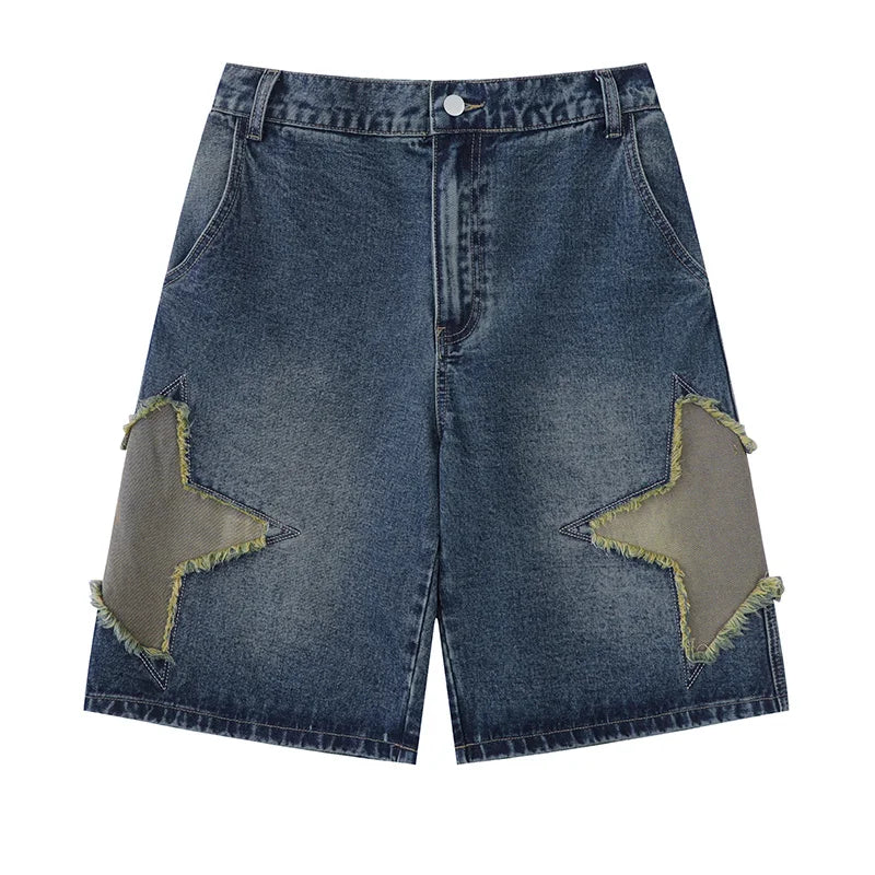 Star Patch Denim Shorts BF Style Loose Versatile Wide Leg Half Pants High Waisted Straight Leg Pants