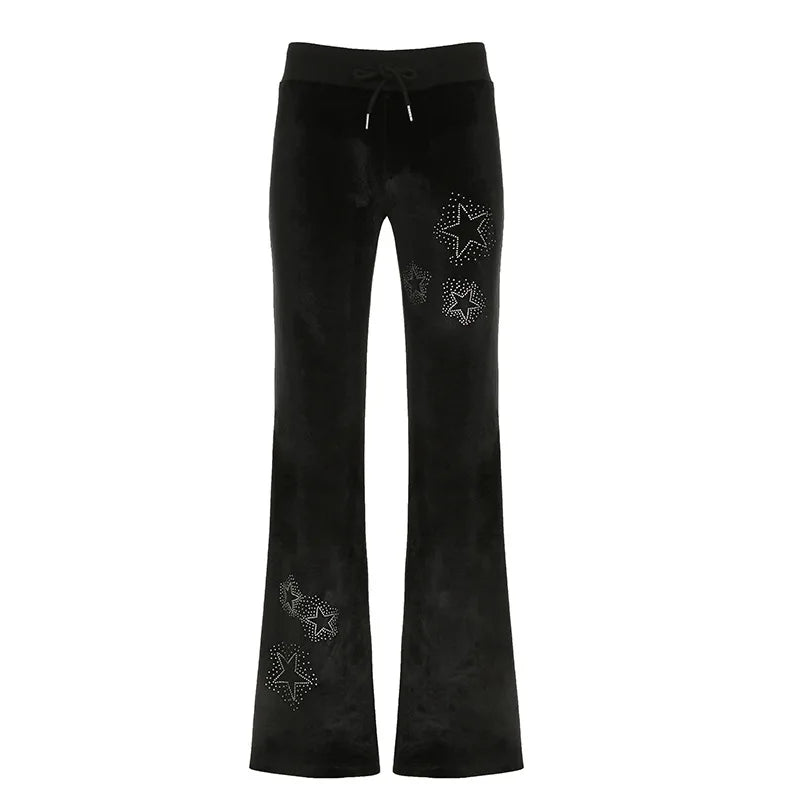 Velvet Pants Goth Dark Y2K Star Diamond Slim Flared Pants Retro Streetwear Low Waist Bellbottom Pants
