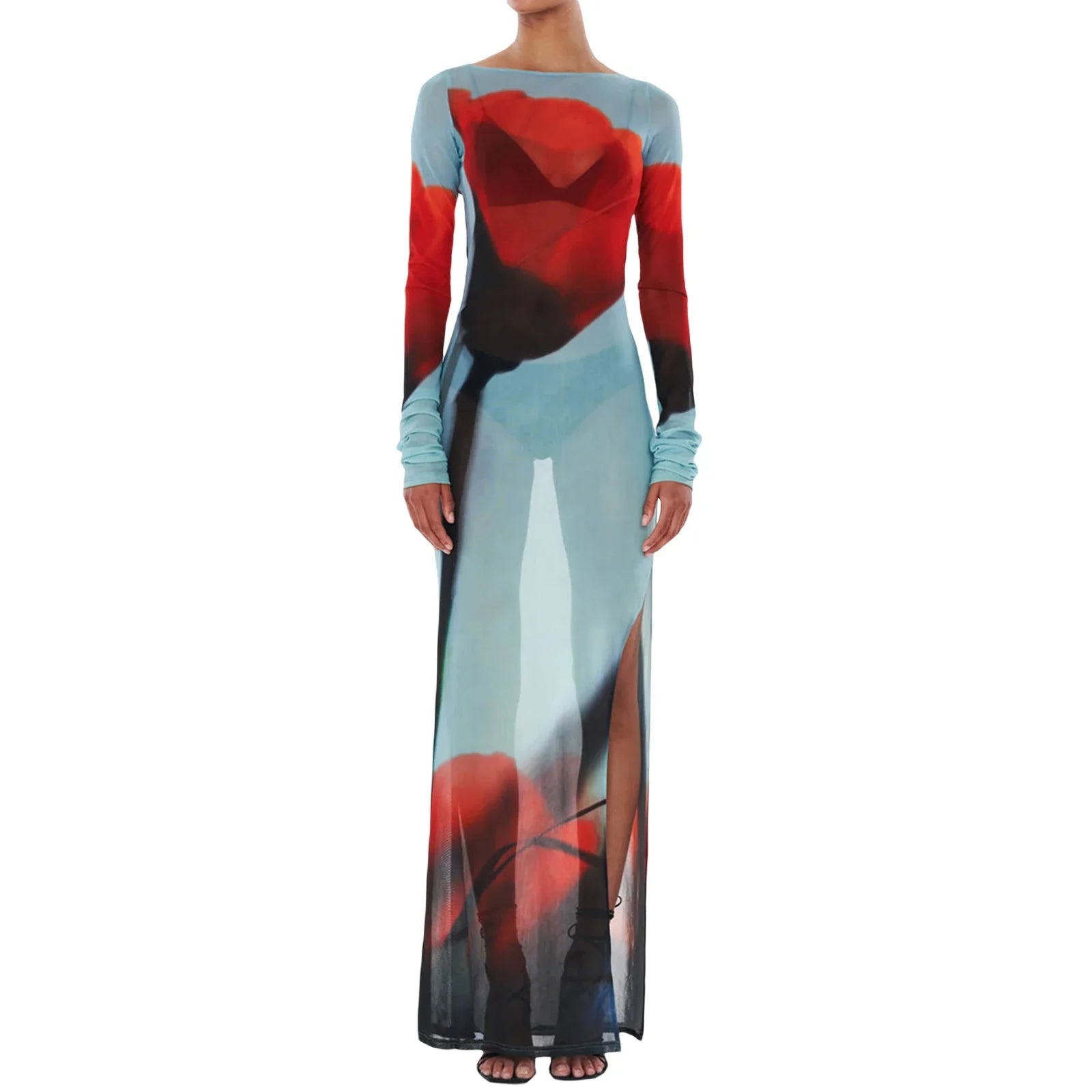 Yiiciovy Slim Fit Long Dress Cover-Ups Sheer Mesh Long Sleeve Floral Print Beach Dress Side Split Bikini Cover-Ups