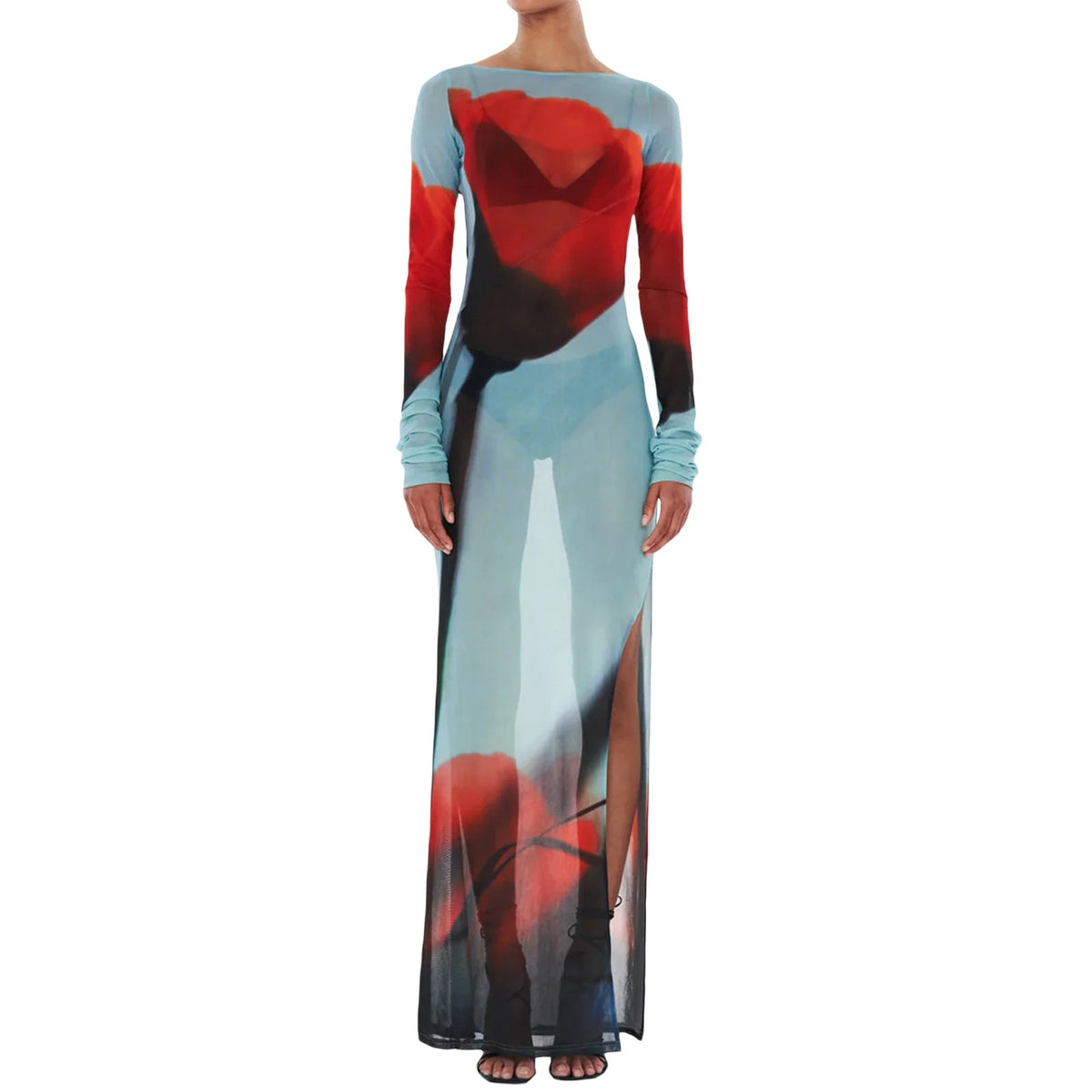 Yiiciovy Slim Fit Long Dress Cover-Ups Sheer Mesh Long Sleeve Floral Print Beach Dress Side Split Bikini Cover-Ups