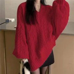 Sweater Harajuku Oversized Knitted Pullovers Korean Long Sleeve V Neck Knitwear Preppy Solid Loose Jumper
