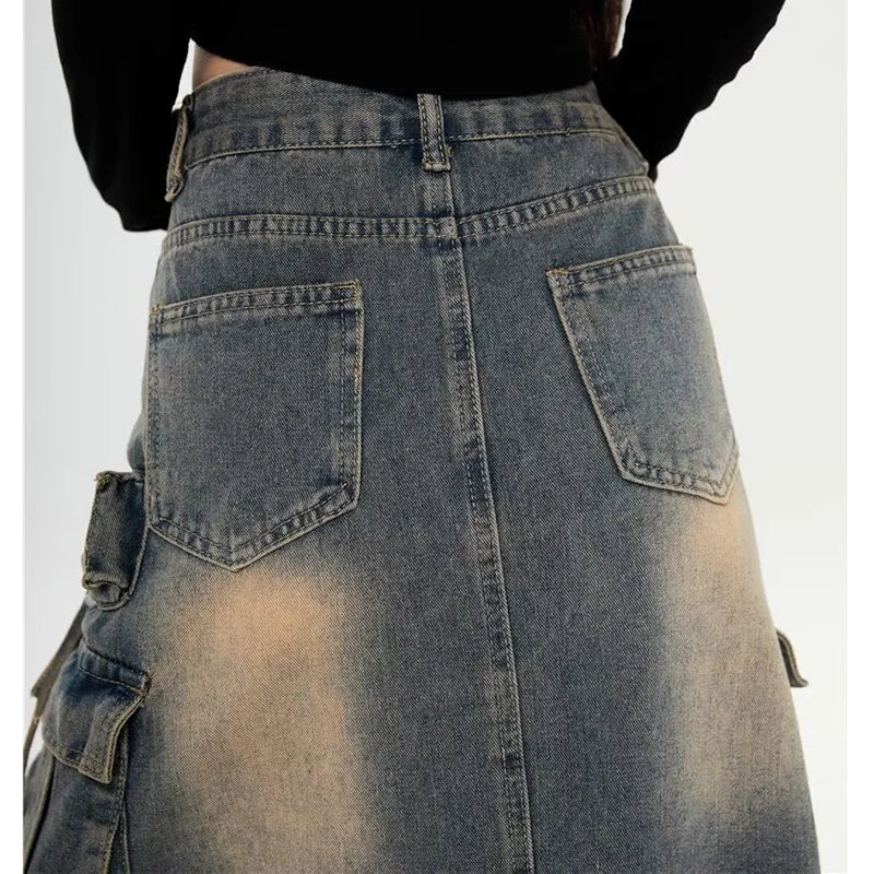 Y2k High Waist Denim Ankle Length Cargo Skirts Girls Robe Cool Wrap Dress Retro Blue A Line Long Jeans Skirts