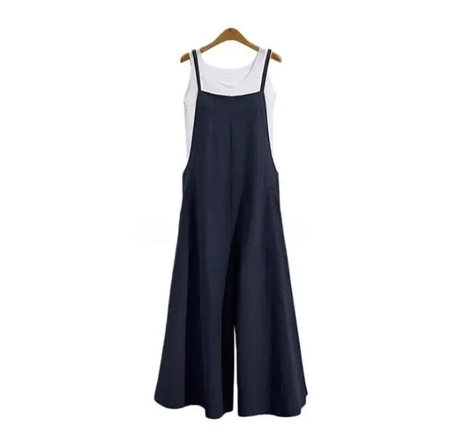 Straps Jumpsuit Solid Color Wide Leg Pants Dungaree Bib Overalls Casual Loose Sleeveless Cotton Linen Jumpsuits 5Xl
