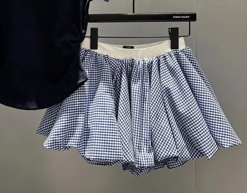 Constrast Color Plaid Turn Down Collar Slim Waist T Shirts All Match Korean High Street Loose Shorts Y2k 2 Piece Sets