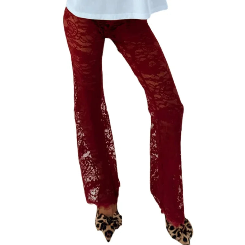 Stylish See-Through Lace Flare Pants High Rise Elastic Waist Bell-Bottoms Streetwear Long Trousers