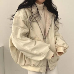 Korean Style Fleece-lined Thickened Double-sided Wear Lamb Wool Cotton-padded Coat Clothing Loose-fit Hooded Top