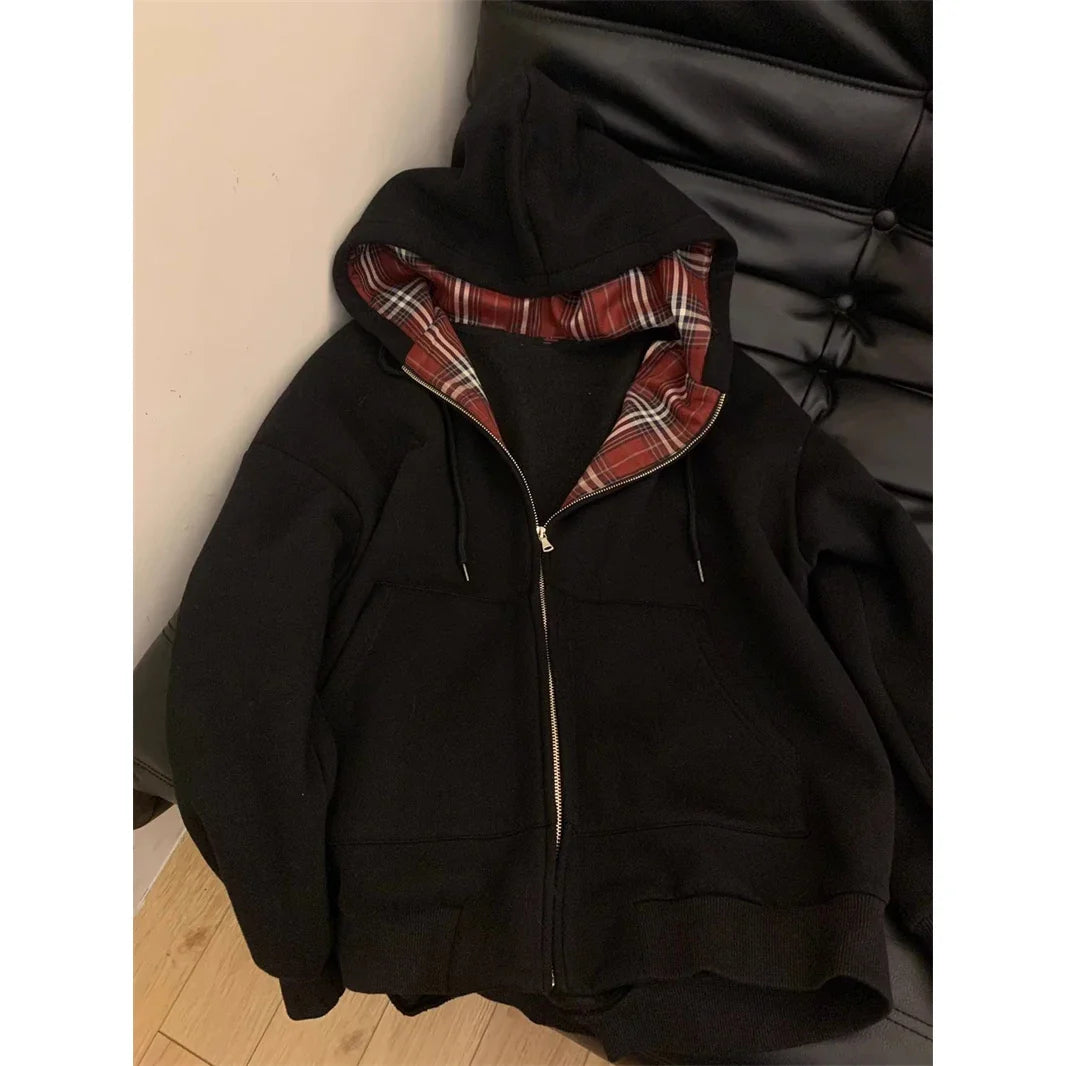 Grid Splicing Hooded Sweatshirt Loose Versatile Zipper Cardigan Jacket Long Sleeved Versatile Coat Top
