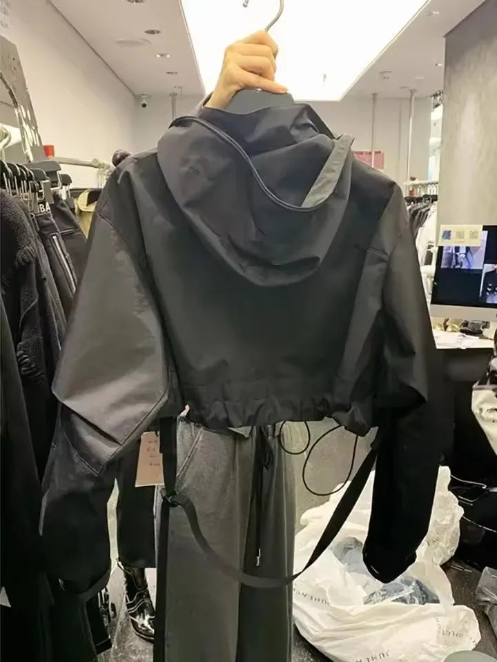 Short Hooded Jacket Black Loose Motorcycle Coats Street Windbreak Short Basic Coat