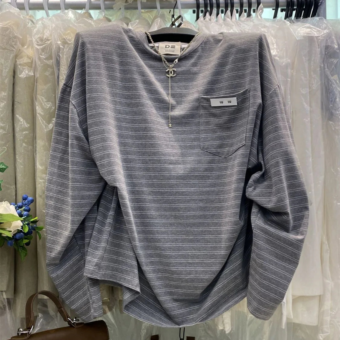 Loose Long Sleeve Striped T-Shirtable Retro Korean Style Casual Top Thin Medium Length Lazy Style T-Shirt
