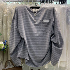 Loose Long Sleeve Striped T-Shirtable Retro Korean Style Casual Top Thin Medium Length Lazy Style T-Shirt