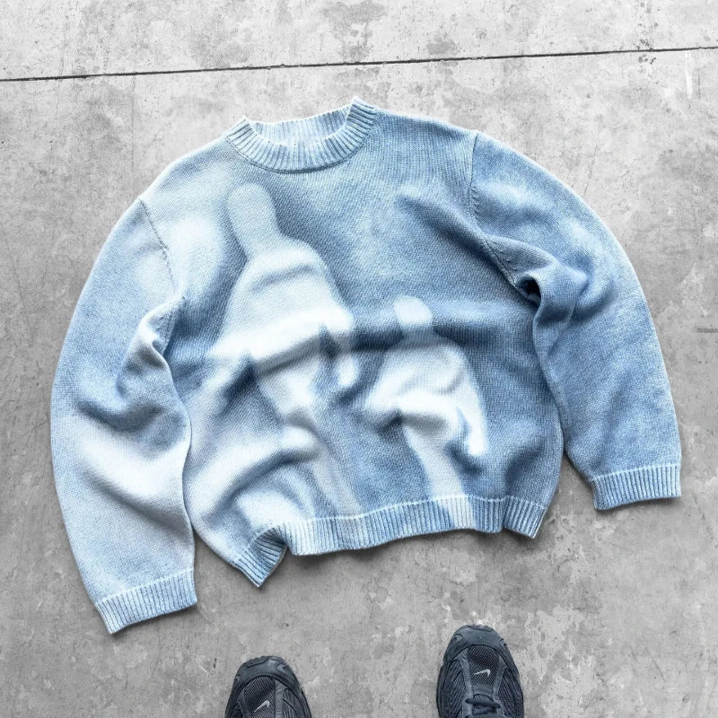 High Street Gradient Abstract Artistic Portrait Pattern Loose Knit Pullover European Punk Gothic Round Neck Long Sleeve Sweater