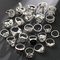 24Pcs/Set Punk Gothic Rings Sets Silver Color Skeleton Spider Poker Joker Eyes Heart Rings