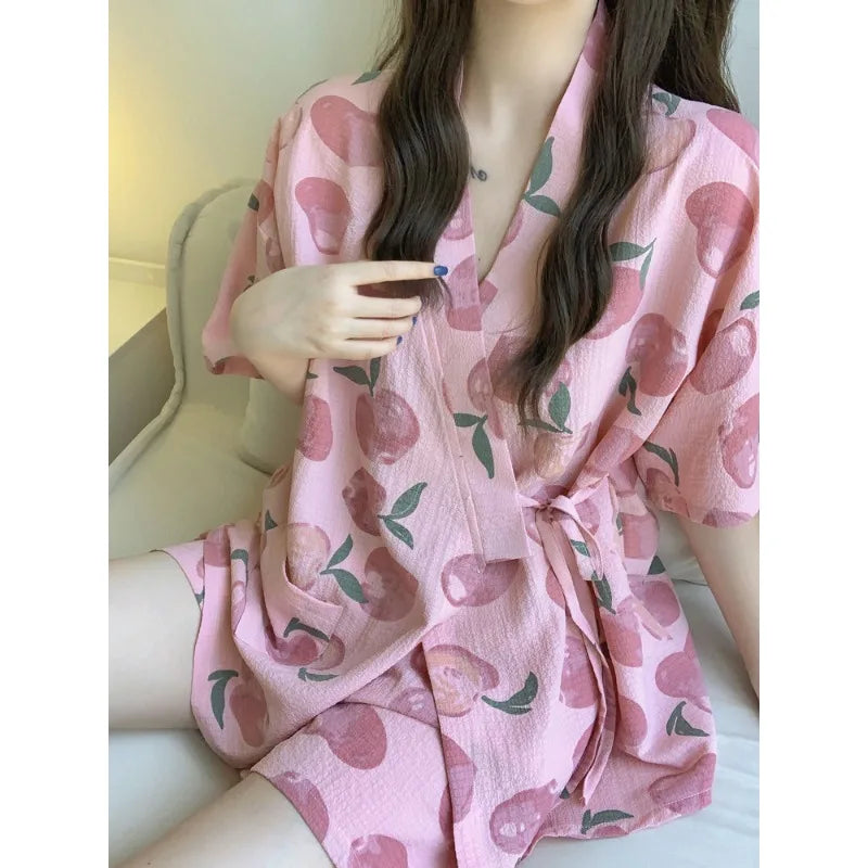 Nightwear Loungewear Kimono Pajamas Student Short Sleeves Shorts Peach Print Tops