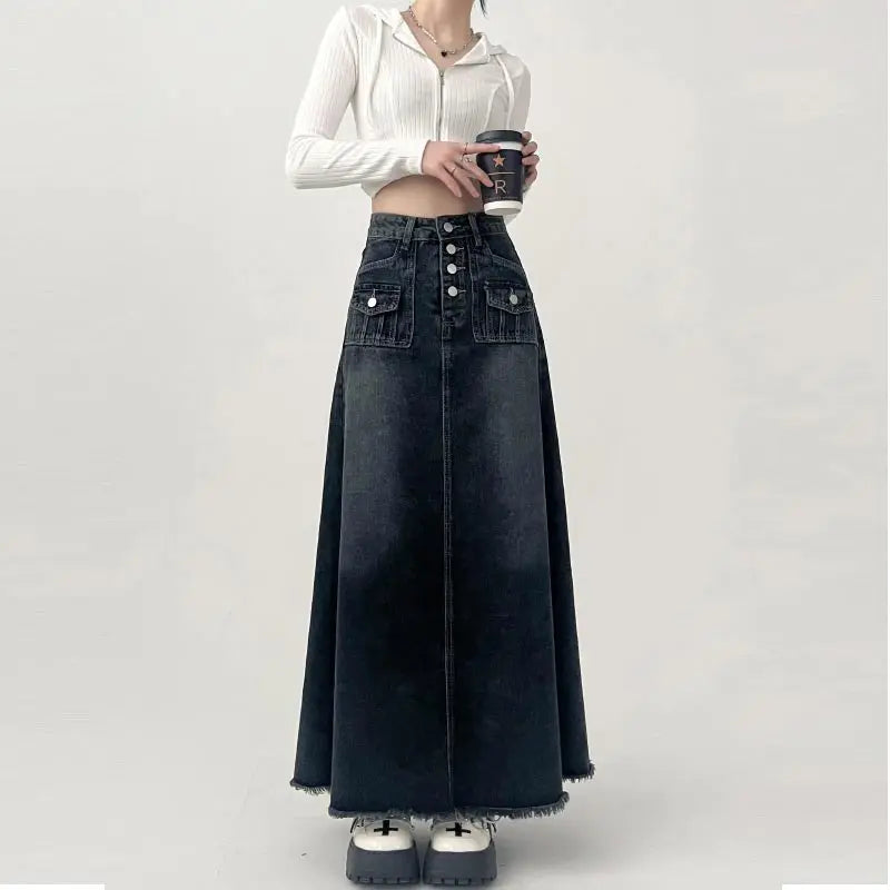 High-waisted Cargo Denim Skirt Long A-line Mid-length Skirt Retro Raw Edge Y2k Clothing Korean Style