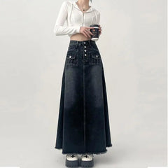 High-waisted Cargo Denim Skirt Long A-line Mid-length Skirt Retro Raw Edge Y2k Clothing Korean Style