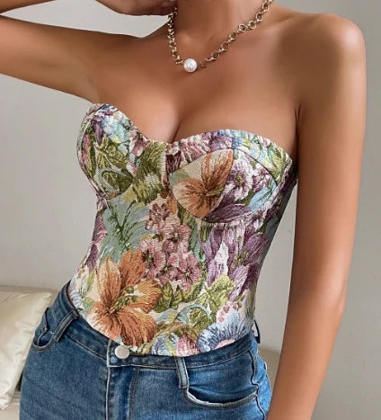 Hotsweet Sleeveless Strapless Backless Oil Painting Print Slim Short Tank Top Streetwear High Street Clothing