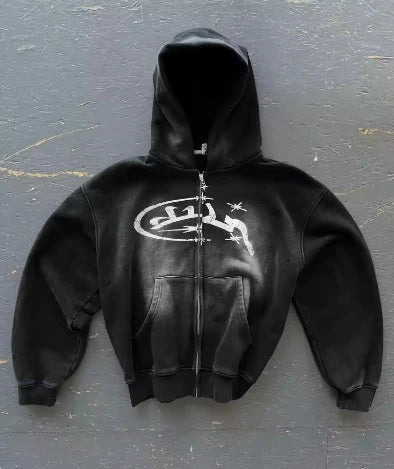 Y2K American High Street Washing Zipper Hooded Sweater Retro Harajuku Loose Hooded Top Clothing