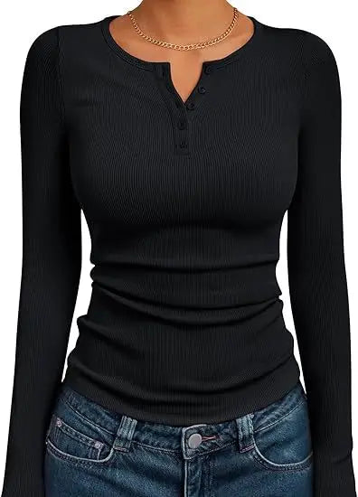 Fashionable Long Sleeve Slim Fit Henry Collar T-Shirt Ribbed Basic Style Top