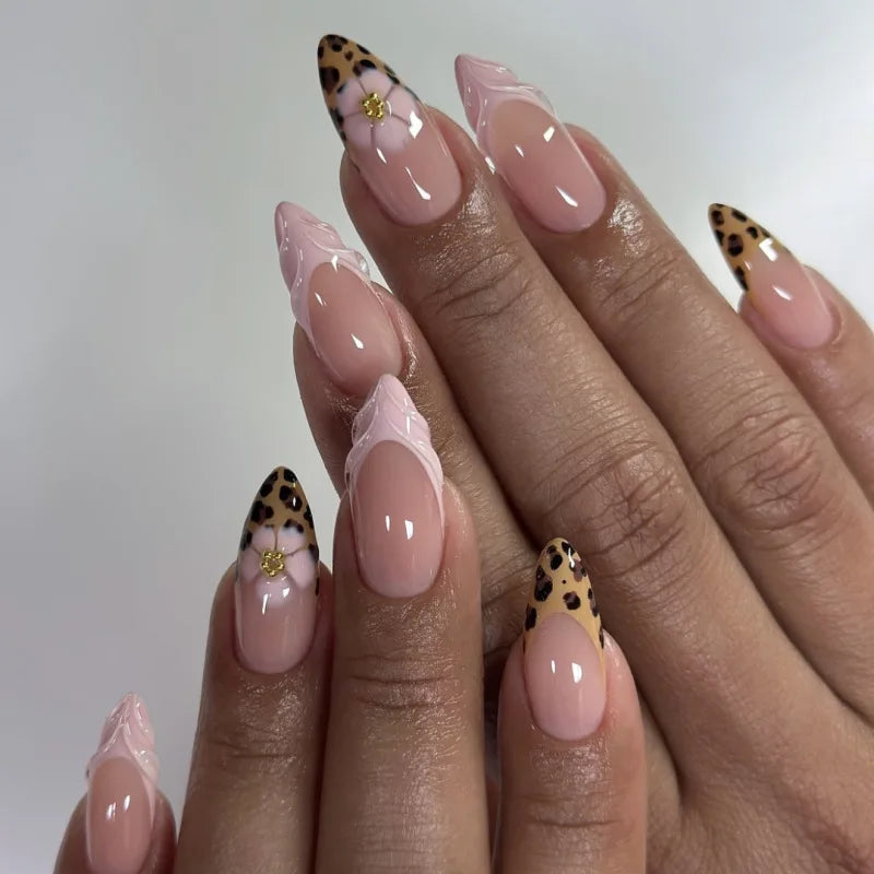 24pcs Smudging Flower Press On Nails Wave Point Designs French Style Almond False Nails Y2k Sweet Cool Fake Nail