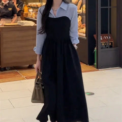 Arrival Two-piece Illusionshirt Black Long Sleeve Dress High-end Feel Matching Set