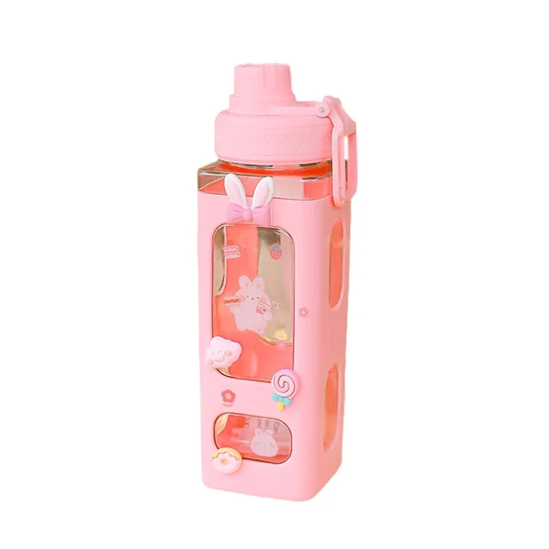 700ml/900ml Kawaii Shaker Water Bottle With Straw Sticker Cute BPA Free Plastic Tea Milk Portable Gourde Drink Bottle