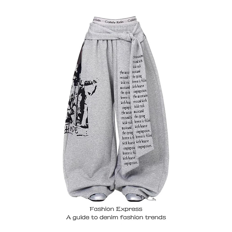 ZHIZOU Gray Gothic Baggy Y2k Letter Print Pants Harajuku 2000s Vintage Oversize Sweatpants Wide Leg Trousers