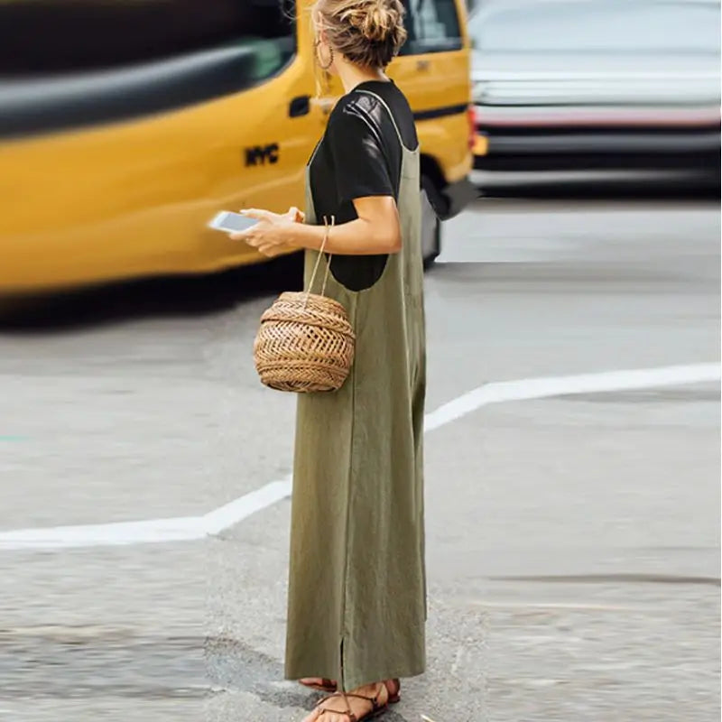 Sleeveless Jumpsuit Solid Color Wide Leg Bib Overalls Casual Loose Cotton Linen Straps Dungaree