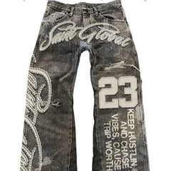 Streetwear Vintage Washed Jeans Y2K Clothing Hip Hop Alphabet Patch Embroidered Baggy Jeans Mid Rise Wide Leg Trousers