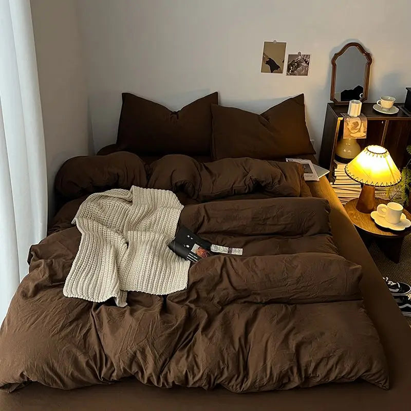 Bedding Set Ins Ambiance Blue Coffee Grid Mixed With Washed Cotton Minimalist Four Piece Set Fitted Sheets Duvet Cover