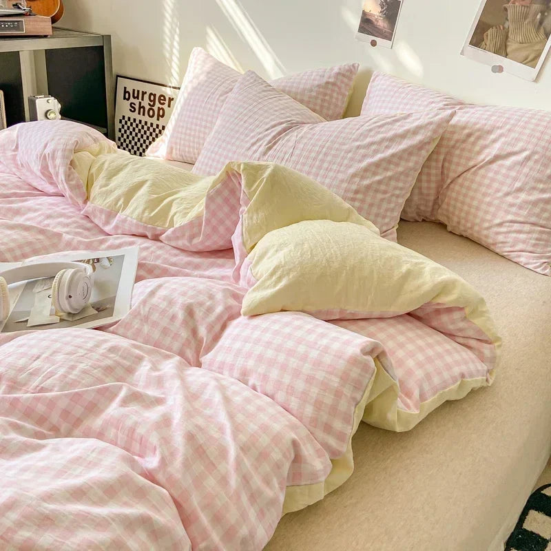 Japanese Style Check Queen Quilt Cover Set 1/3 Pcs Soft Washed Duvet Cover