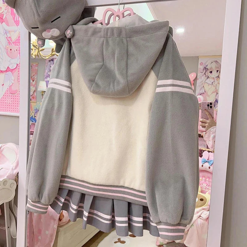 Japan Subculture Hooded Sweatshirt Single Breasted Long Sleeve Patchwork Coat Preppy Style Sweet Fall Casual Outwear
