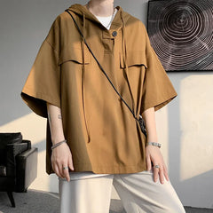 5 Colors Hooded T shirt Korean Half Sleeve Pullover Streetwear Loose T-shirt Tops Drawstring Clothing